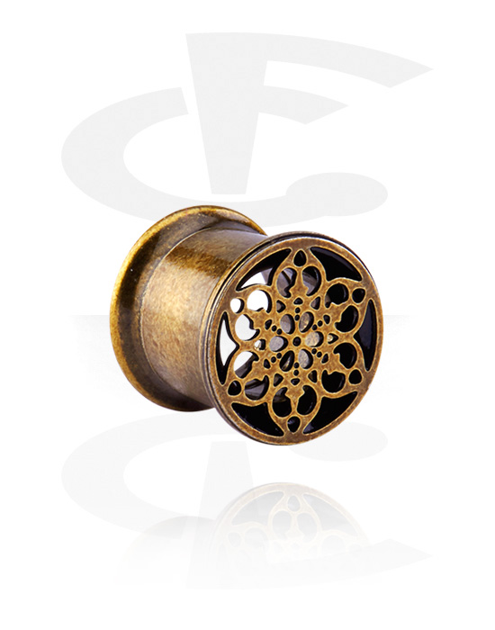Tunnels & Plugs, Double flared tunnel (surgical steel, antique copper) with vintage flower design, Surgical Steel 316L