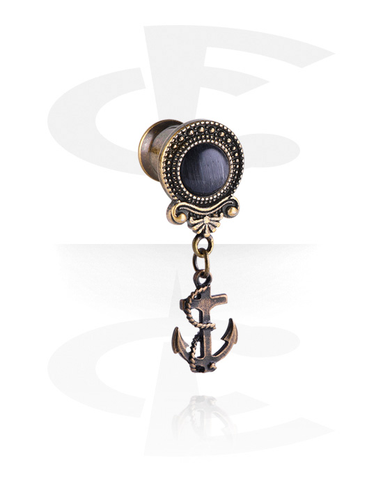 Tunnels & Plugs, Double flared tunnel (surgical steel, antique copper) with vintage design and anchor charm, Surgical Steel 316L