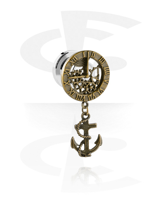 Tunnels & Plugs, Screw-on tunnel (surgical steel, silver, shiny finish) with vintage clock design and anchor charm, Surgical Steel 316L