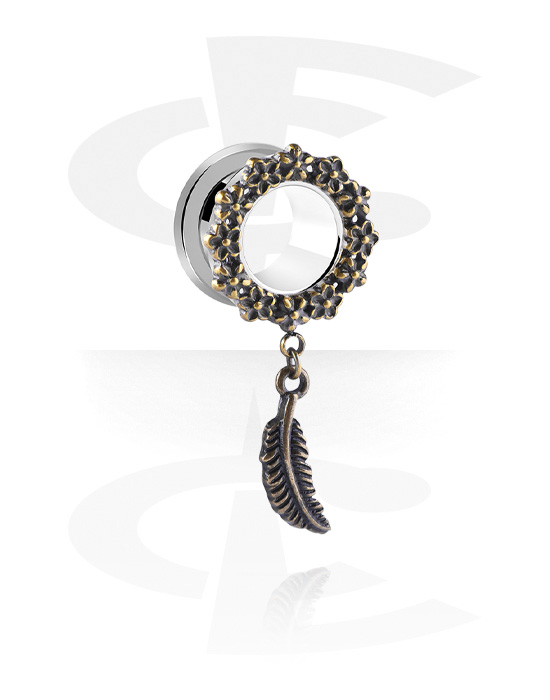 Tunnels & Plugs, Screw-on tunnel (surgical steel, silver, shiny finish) with flower attachment and feather charm, Surgical Steel 316L