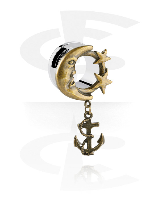 Tunnels & Plugs, Screw-on tunnel (surgical steel, silver, shiny finish) with moon design and anchor charm, Surgical Steel 316L