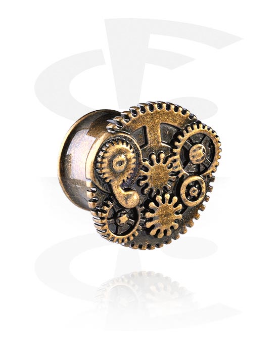 Tunnels & Plugs, Double flared tunnel (surgical steel, antique gold) with steampunk design, Surgical Steel 316L