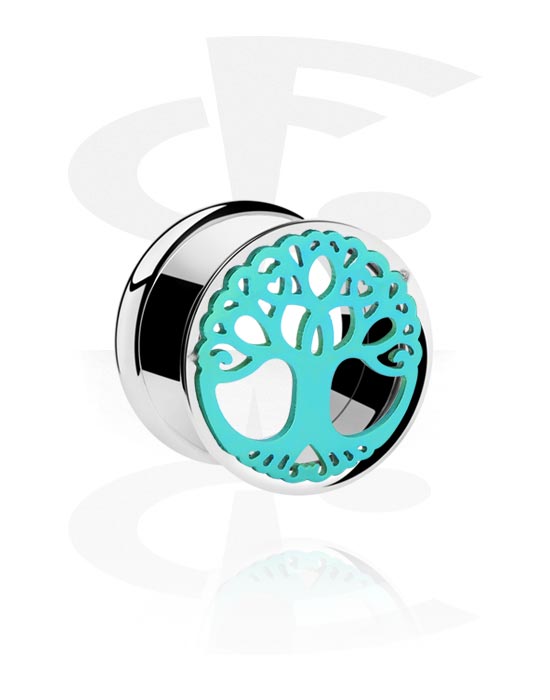 Tunnels & Plugs, Double flared tunnel (surgical steel, silver, shiny finish) with tree design, Surgical Steel 316L