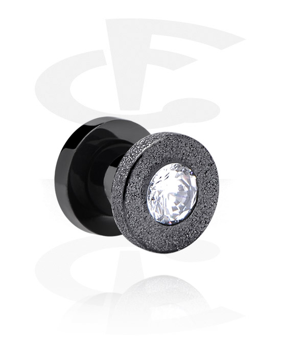 Tunnels & Plugs, Screw-on tunnel (surgical steel, black, shiny finish) with diamond look and crystal stone, Surgical Steel 316L