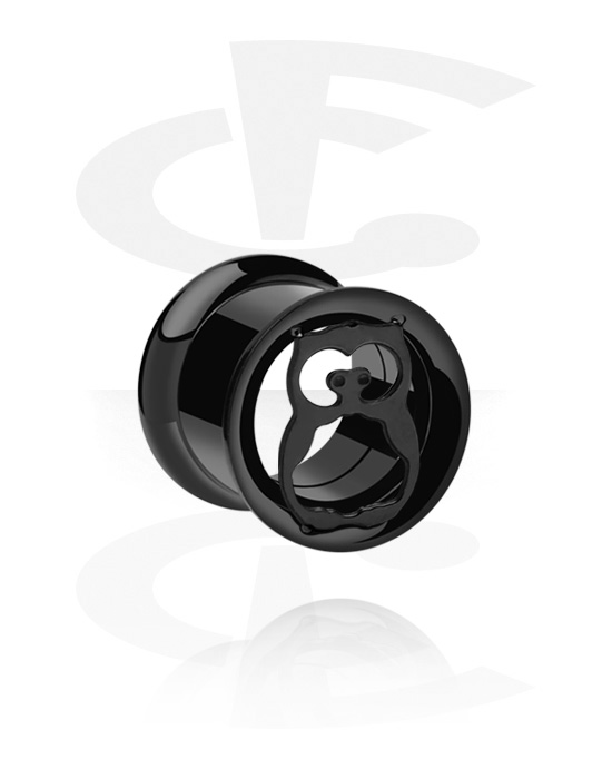 Tunnels & Plugs, Double flared tunnel (surgical steel, black, shiny finish) with owl design, Surgical Steel 316L