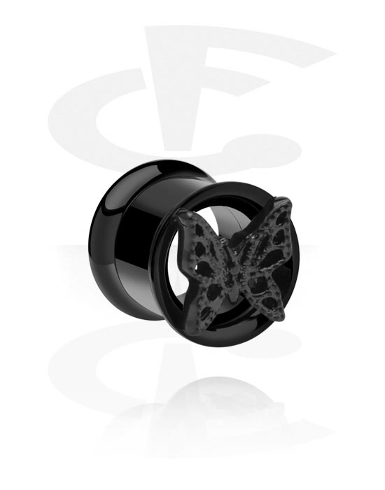 Tunnels & Plugs, Double flared tunnel (surgical steel, black, shiny finish) with butterfly design, Surgical Steel 316L