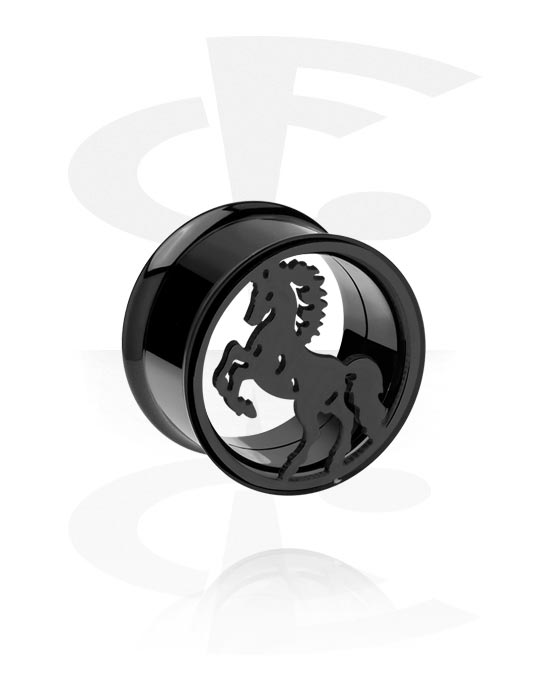 Tunnels & Plugs, Double flared tunnel (surgical steel, black, shiny finish) with horse design, Surgical Steel 316L