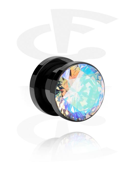 Tunnels & Plugs, Screw-on tunnel (surgical steel, black, shiny finish) with crystal stone, Surgical Steel 316L