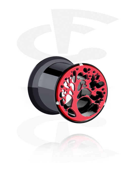 Tunnels & Plugs, Double flared tunnel (surgical steel, black, shiny finish) with tree design, Surgical Steel 316L
