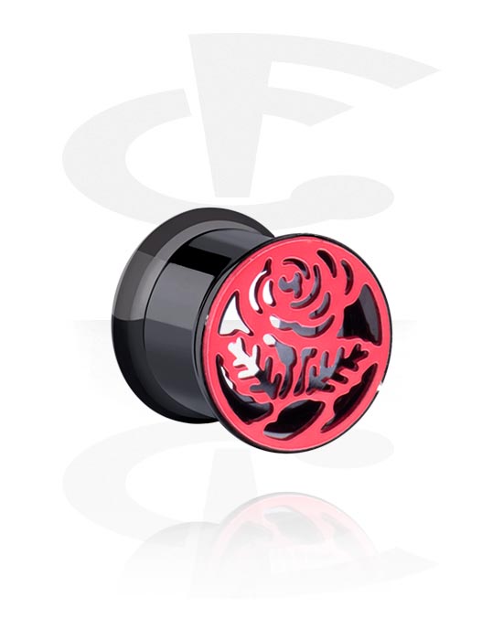 Tunnels & Plugs, Double flared tunnel (surgical steel, black, shiny finish) with rose design, Surgical Steel 316L