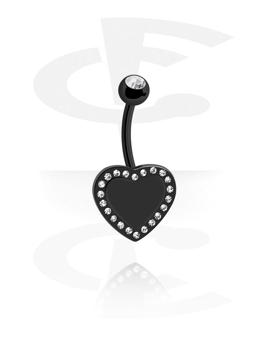Zaobljene šipkice, Prsten za pupak (kirurški čelik, crna, sjajna završna obrada) s dizajnom srca i kristalnim kamenjem, Kirurški čelik 316L
