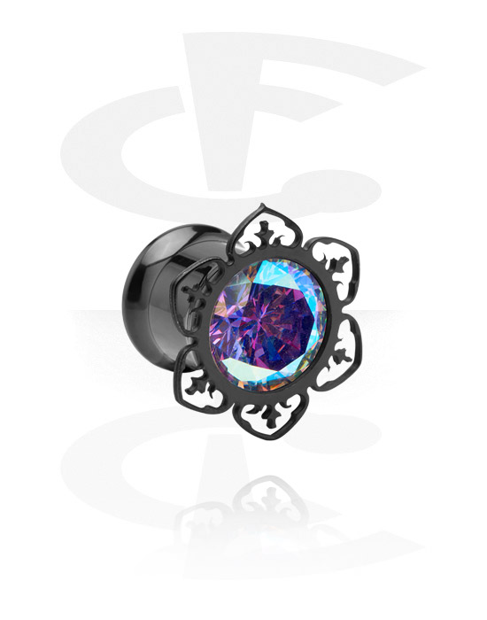 Tunnels & Plugs, Double flared tunnel (surgical steel, black, shiny finish) with crystal stone, Surgical Steel 316L