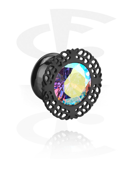 Tunnels & Plugs, Double flared tunnel (surgical steel, black, shiny finish) with vintage design and crystal stone, Surgical Steel 316L