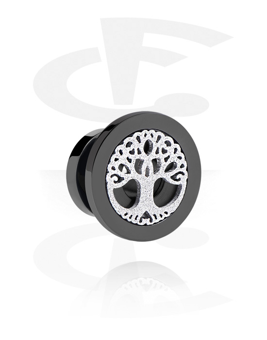Tunnels & Plugs, Screw-on tunnel (surgical steel, black, shiny finish) with tree design, Surgical Steel 316L