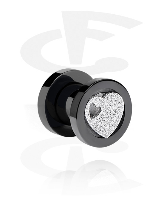 Tunnels & Plugs, Screw-on tunnel (surgical steel, black, shiny finish) with heart design, Surgical Steel 316L