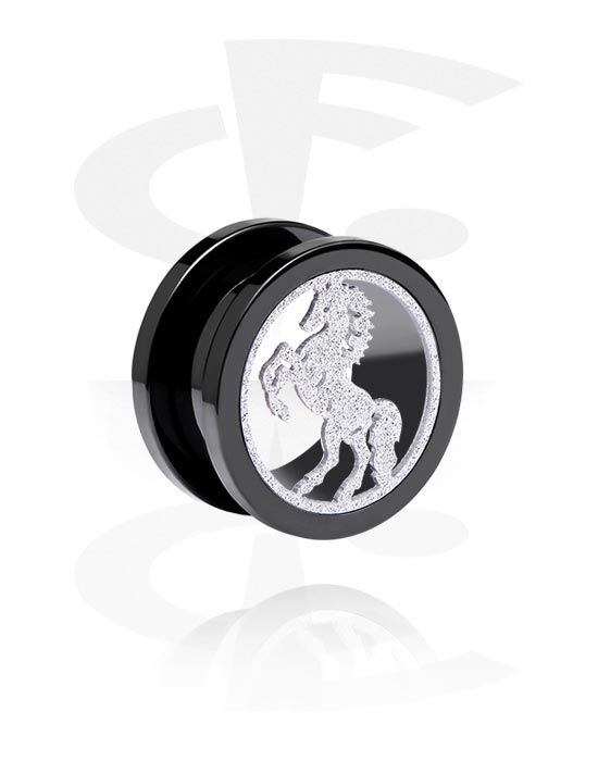 Tunnels & Plugs, Screw-on tunnel (acrylic, black) with horse design, Surgical Steel 316L