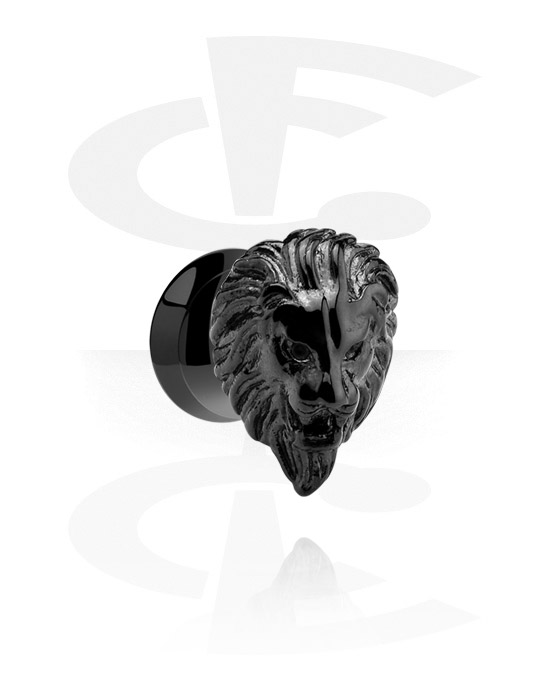 Tunnels & Plugs, Screw-on tunnel (surgical steel, black, shiny finish) with lion design, Surgical Steel 316L