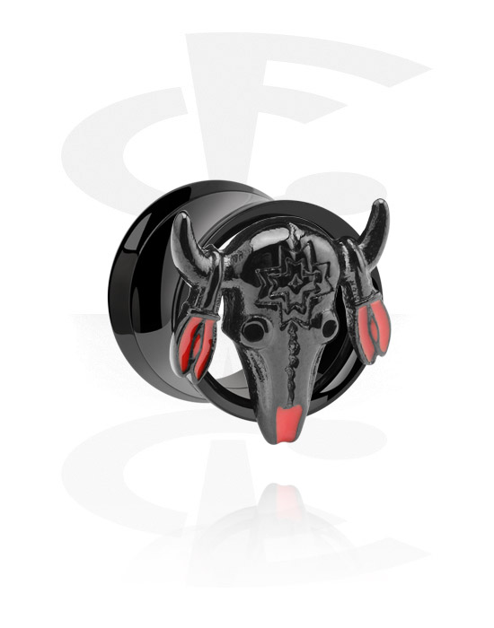 Tunnels & Plugs, Double flared tunnel (surgical steel, black, shiny finish) with ram skull design, Surgical Steel 316L