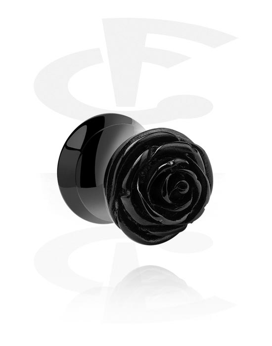 Tunely & plugy, Plug s rozšírenými koncami (chirurgická oceľ, čierna, lesklý povrch) s ozdoba ruža, Chirurgická oceľ 316L