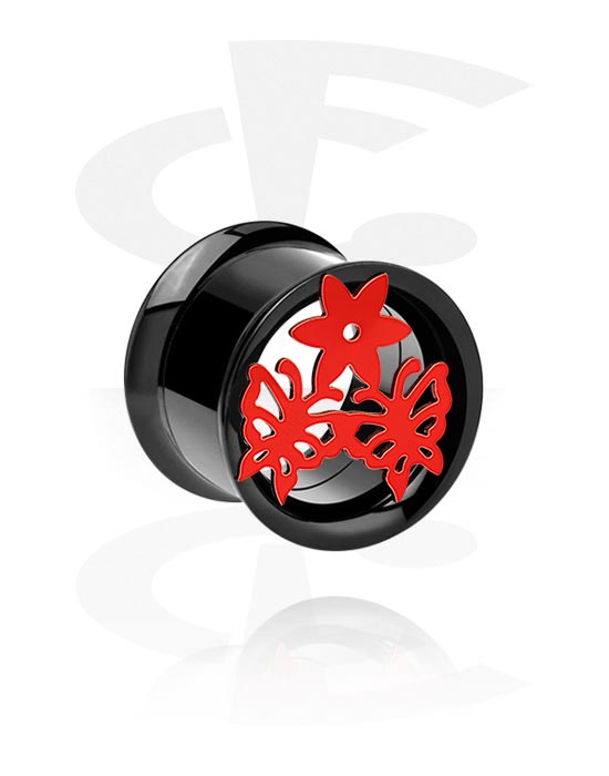 Tunnels & Plugs, Double flared tunnel (acrylic, black) with butterfly design, Surgical Steel 316L
