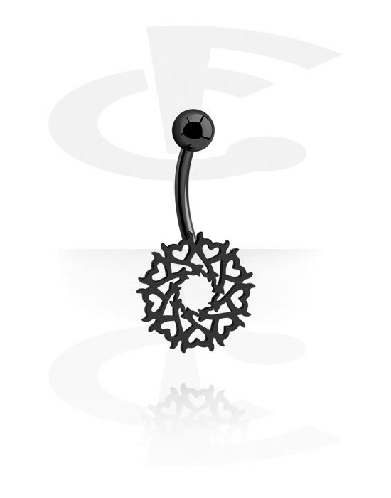 Curved Barbells, Belly button ring (surgical steel, black, shiny finish) with heart design, Surgical Steel 316L