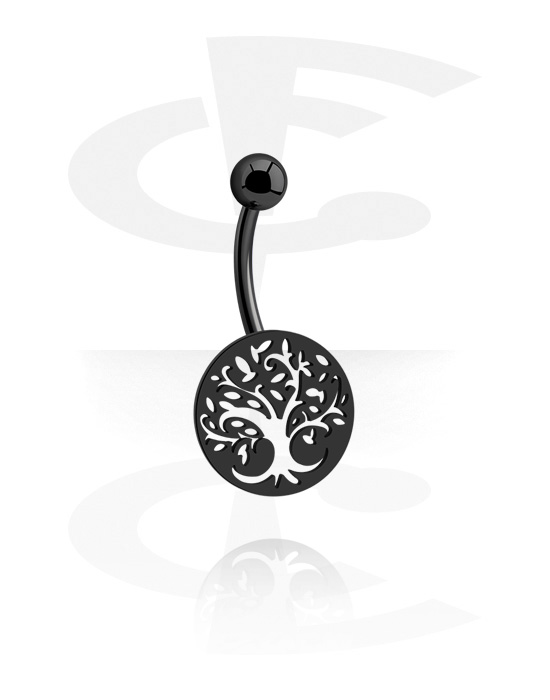 Curved Barbells, Belly button ring (surgical steel, black, shiny finish) with tree design, Surgical Steel 316L