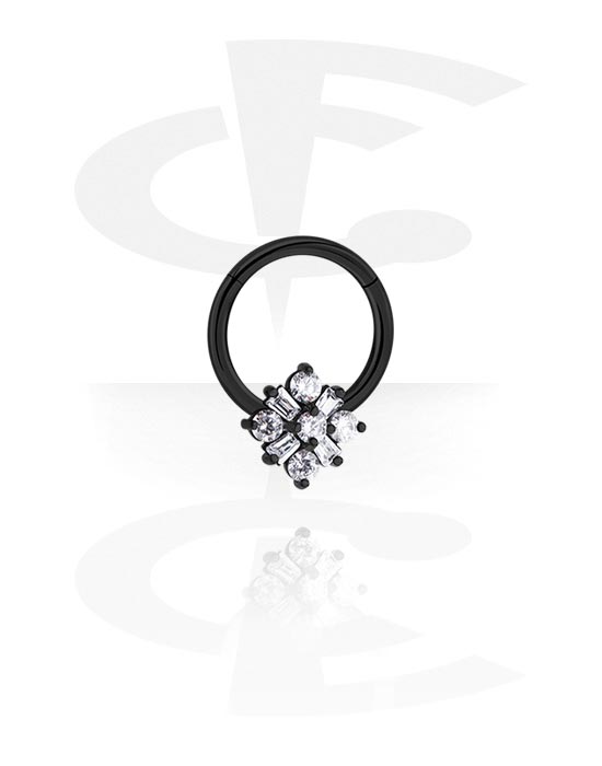 Piercing Ringe, Piercing-Klicker (Chirurgenstahl, schwarz, glänzend) mit Blume und Kristallsteinchen, Chirurgenstahl 316L