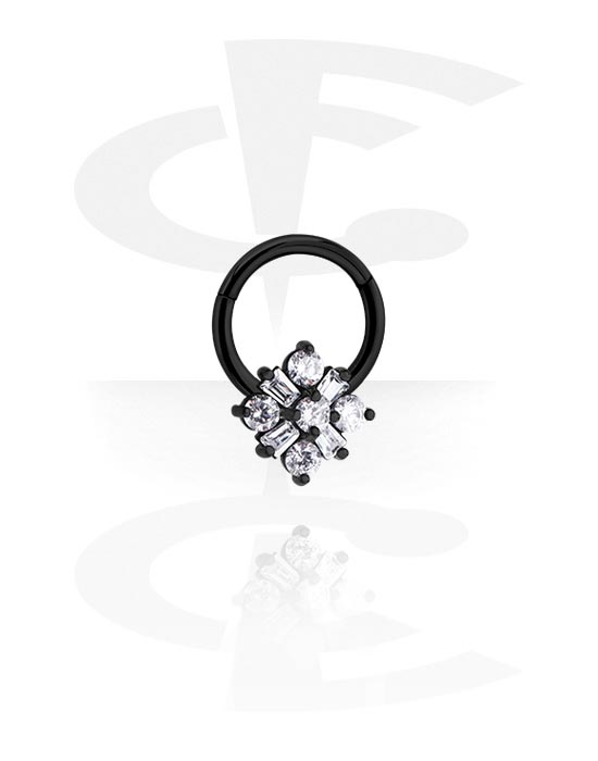 Piercing Rings, Piercing clicker (surgical steel, black, shiny finish) with Flower and crystal stones, Surgical Steel 316L
