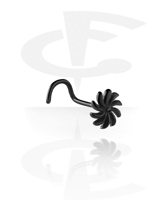 Nose Jewelry & Septums, Curved nose stud (surgical steel, black, shiny finish) with flower attachment, Surgical Steel 316L
