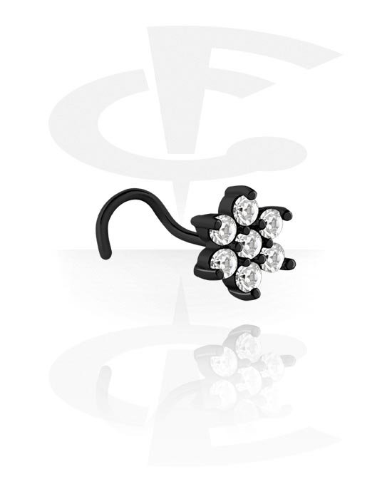 Nose Jewelry & Septums, Curved nose stud (surgical steel, black, shiny finish) with crystal stones, Surgical Steel 316L