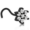 Piercings nez & Septums, Piercing nez incurvé (acier chirurgical, noir, finition brillante) avec pierres en cristal, Acier chirurgical 316L