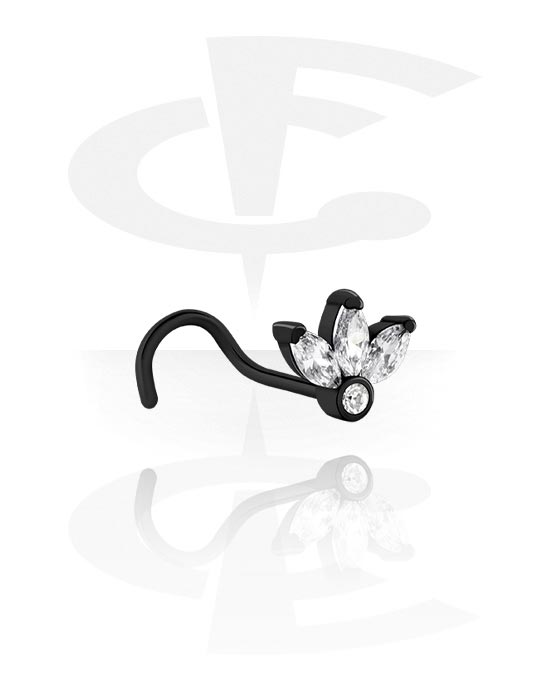 Nose Jewellery & Septums, Curved nose stud (surgical steel, black, shiny finish) with crystal stones, Surgical Steel 316L