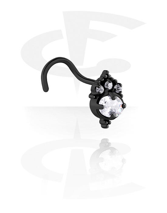 Nose Jewellery & Septums, Curved nose stud (surgical steel, black, shiny finish) with crystal stones, Surgical Steel 316L