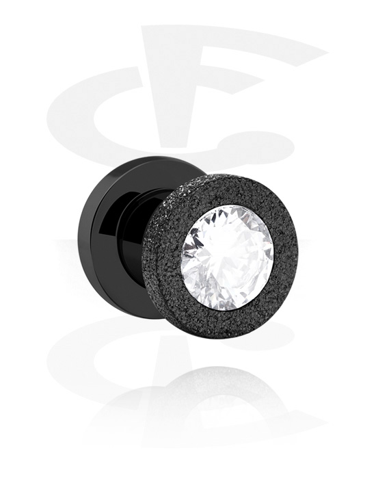 Tunnels & Plugs, Screw-on tunnel (surgical steel, black, shiny finish) with diamond look and crystal stone, Surgical Steel 316L