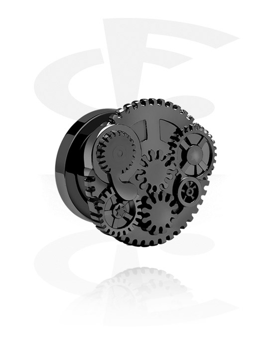 Tunnels & Plugs, Screw-on tunnel (surgical steel, black, shiny finish) with steampunk design, Surgical Steel 316L