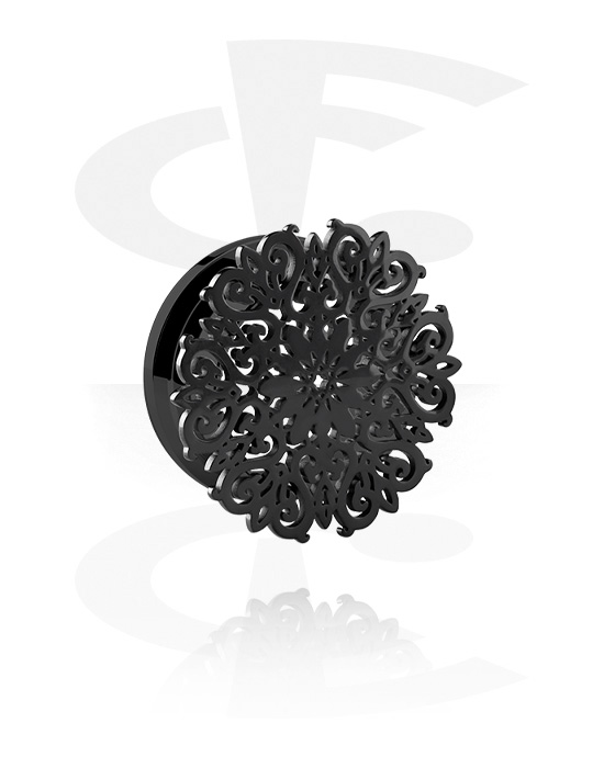 Tunnels & Plugs, Screw-on tunnel (surgical steel, black, shiny finish) with mandala attachment, Surgical Steel 316L
