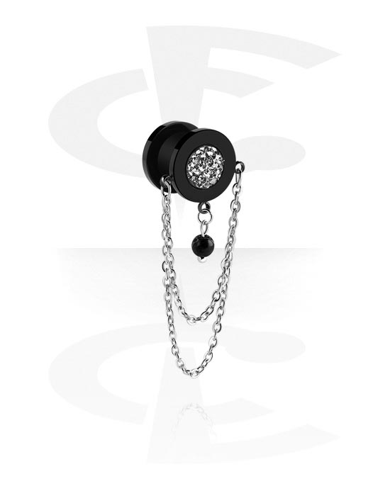 Tunnels & Plugs, Screw-on tunnel (surgical steel, black, shiny finish) with diamond look and chain, Surgical Steel 316L