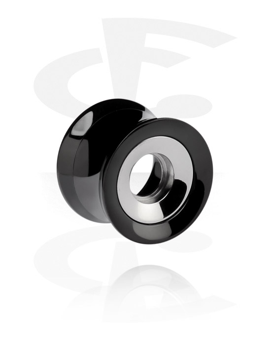 Tunnels & Plugs, Double flared tunnel (surgical steel, black, shiny finish) with silver inlay, Surgical Steel 316L