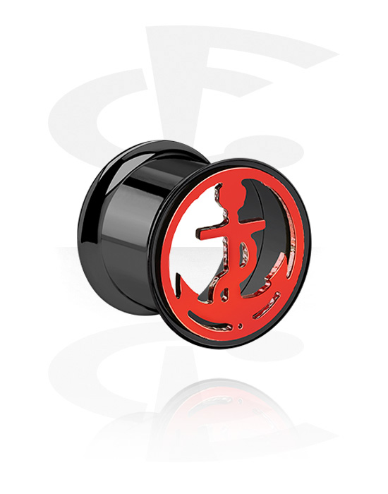 Tunnels & Plugs, Double flared tunnel (surgical steel, black, shiny finish) with anchor design, Surgical Steel 316L