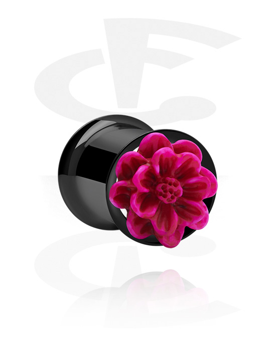 Tunnels & Plugs, Black Double Flared Tunnel with flower design, Surgical Steel 316L