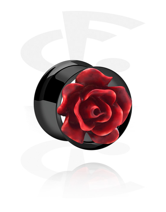 Tunnels & Plugs, Double flared tunnel (surgical steel, black, shiny finish) with rose attachment, Surgical Steel 316L