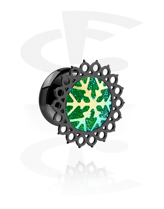 Tunnels & Plugs, Double flared tunnel (surgical steel, black, shiny finish) with snowflake design in various colors, Black Surgical Steel 316L