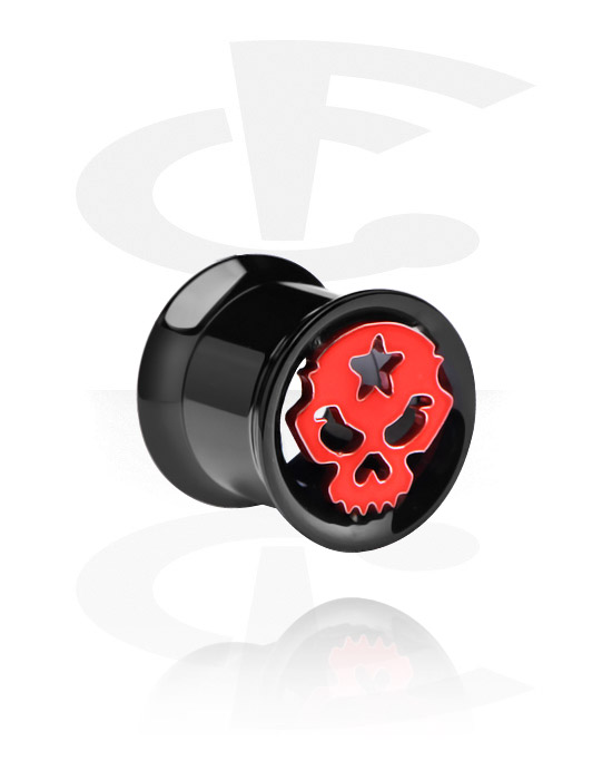 Tunnels & Plugs, Double flared tunnel (surgical steel, black, shiny finish) with skull design, Surgical Steel 316L
