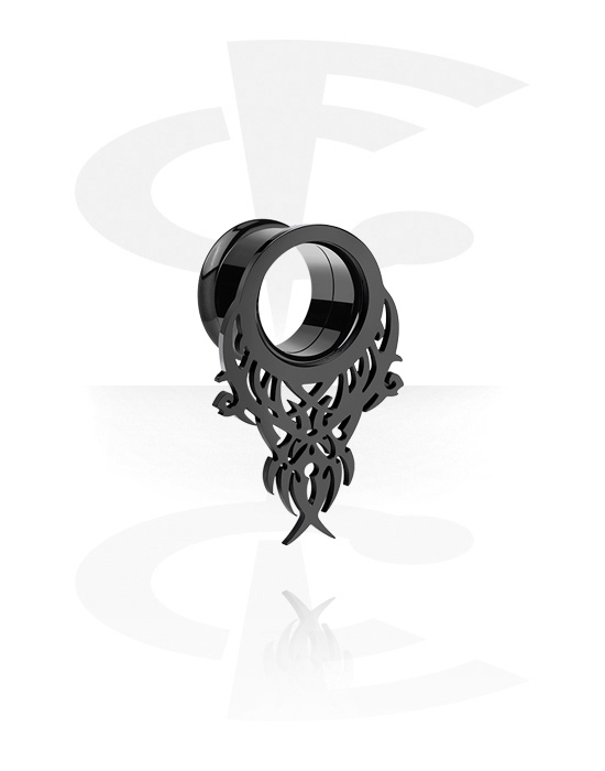Tunnels & Plugs, Double flared tunnel (surgical steel, black, shiny finish) with tribal design, Surgical Steel 316L