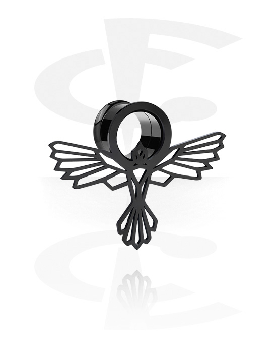 Tunnels & Plugs, Double flared tunnel (surgical steel, black, shiny finish) with bird design, Surgical Steel 316L