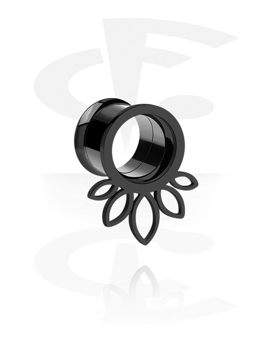 Tunnels & Plugs, Double flared tunnel (surgical steel, black, shiny finish) with flower design, Surgical Steel 316L