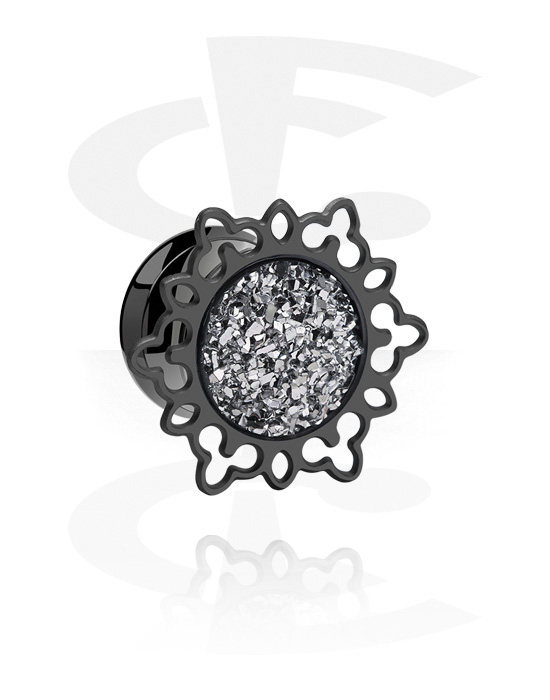 Tunnels & Plugs, Double flared tunnel (surgical steel, black, shiny finish) with diamond look, Surgical Steel 316L