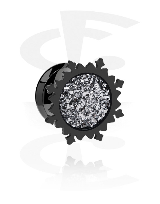 Tunnels & Plugs, Double flared tunnel (acryl, zwart) met diamant-look, Chirurgisch staal 316L