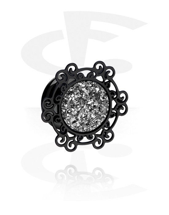 Tunnels & Plugs, Double flared tunnel (surgical steel, black, shiny finish) with vintage design and diamond look, Surgical Steel 316L