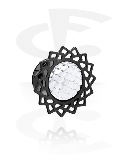 Tunnels & Plugs, Double flared tunnel (surgical steel, black, shiny finish) with fish scales design, Surgical Steel 316L